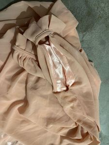 Elegant Peach Sheer Overlay High-Neck Flowy Dress