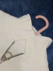 Cream Half-Zip Collared Long Sleeve Top