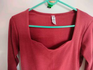 Red Square Neck Long Sleeve Top