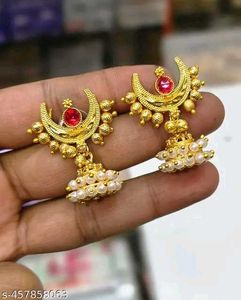 Stunning Gold Tone Earrings with Pearls & Red Ston