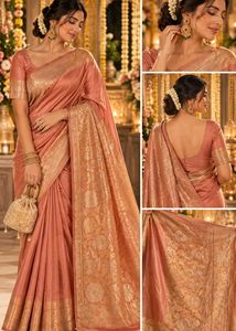 Elegant Peach Silk Saree with Gold Border