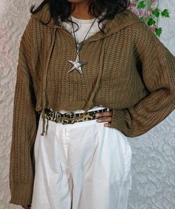 Cropped Knit Hoodie