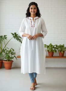 White hand Embroidered kurti fabric