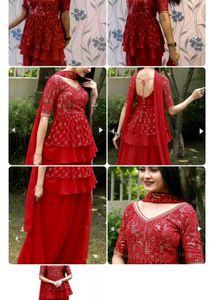 2 Elegant Green  Anarkali Suit And Red