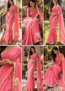 Elegant Pink Embroidered Saree Very light weight