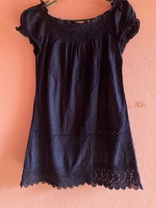 Navy Blue Embroidered Smocked Dress