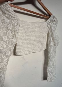 Elegant White Lace Pearl Crop Top