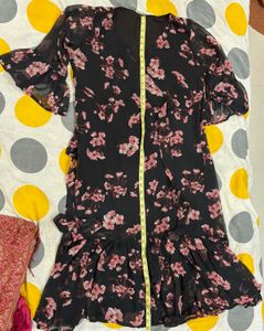 Black dress with pink floral print