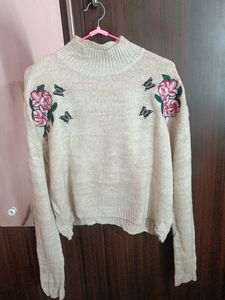 Embroidered Floral Mock Neck Sweater
