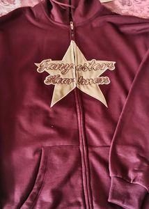 Burgundy Zip-Up Star Graphic Hoodie