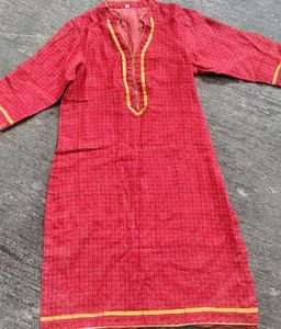 Red Printed Kurta with Yellow Neckline