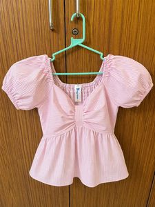 Pink Striped Puff Sleeve Peplum Top