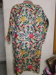 Ivory Kashmiri Aari Embroidered Woolen Long Jacket