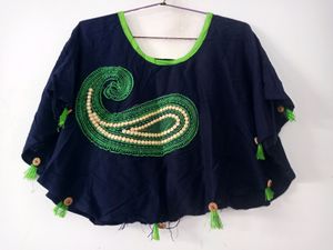 Embroidered Navy Blue Poncho Top