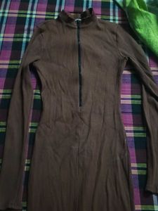 Brown Ribbed Zip-Up Mini Dress