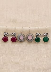 Set of 3 Silver Elephant & Gemstone Earrings