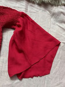 Red Smocked Crop Top with Puff Sleeves
