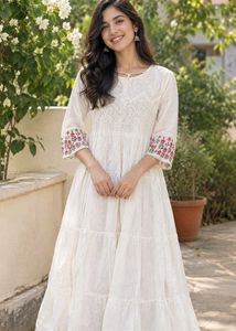 XXL White Embroidered Tiered Ethnic Gown