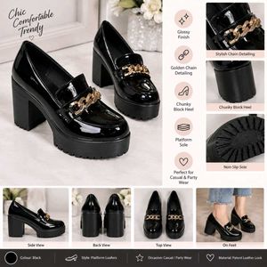 Chic Black Patent Platform Loafers with Gold Chain