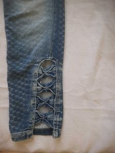 High-Waist Textured Slim Fit Blue Jeans