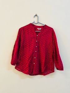 Maroon Eyelet V-Neck Blouse