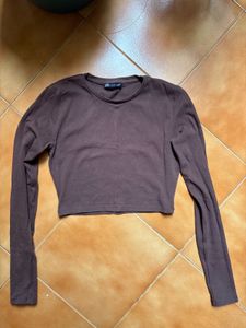 Zara Brown Long Sleeve Cropped Top
