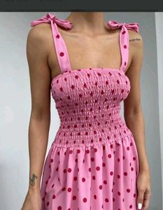 Pink Polka Dot Smocked Midi Dress