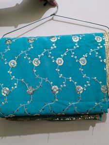 NEW SEA GREEN SEQUINS SAREE WITH BLOUSE PIECE