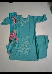 Teal Embroidered Kurta with Floral Dupatta ( new )