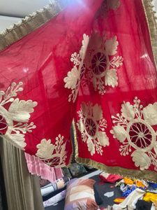 Red Embroidered Dupatta with Pearl Border