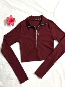 Maroon Crop Zip Up Top