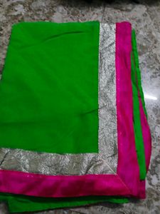 Vibrant Green Saree with Pink &amp; Silver Border