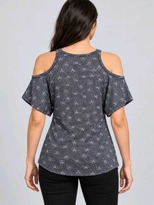 Gray Star Print Cold Shoulder Top