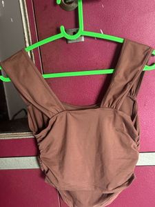 Brown Scoop Neck Cap Sleeve Top