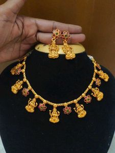 Gold Plated Lakshmi Necklace & Earrings Set
