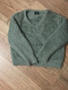 Fluffy Green V-Neck Sweater