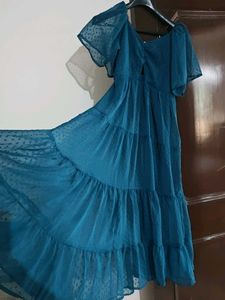 Elegant Blue Peplum Dress with Black Lace