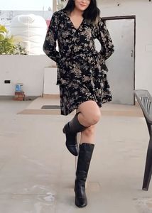 Mango Dress Black Floral Tiered Surplice Neck E
