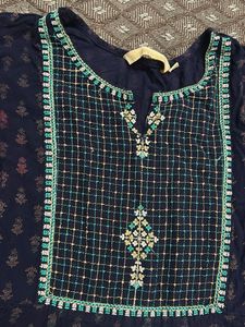 Elegant Navy Kurta with Embellished Neckline