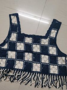 Crochet Checkerboard Crop Top with Fringe