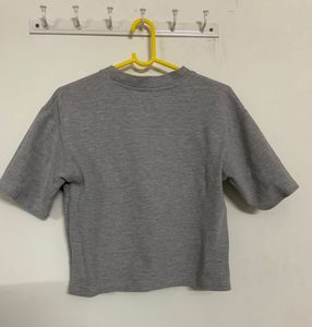 Grey Graphic Print Cropped Waffle Knit T-Shirt