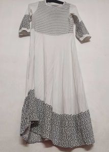 Elegant White Anarkali Kurti with Black Print