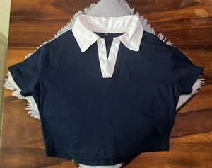Navy Blue Cropped Polo Top