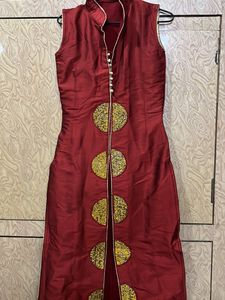 Red Mandarin Collar Dress with Gold Details