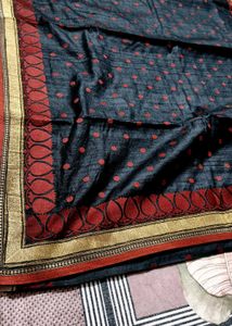 Black Red Zari Embroidered Tussar Silk Saree