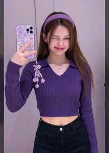 Purple Cable Knit Collared Crop Sweater