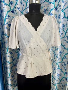 Chic Cream Polka Dot Wrap Top Scallop hem