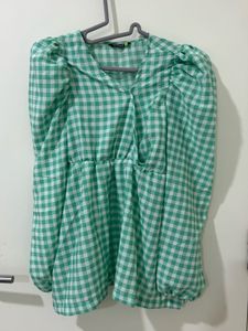 Green Gingham Puff-Sleeve Peplum Top