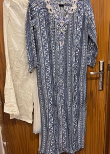 Blue &amp; White Printed Kurta Set with Dupatta