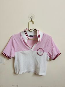 Pink & White Cropped Polo Shirt